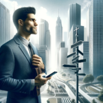 A well-dressed man holding a leather-bound book and smartphone, standing at a crossroads in a futuristic city with a directional sign featuring a Christian cross.