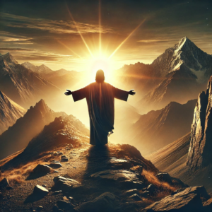 Powerful image of Jesus standing with open arms against a mountain backdrop at sunrise, symbolizing strength, leadership, and redemption.