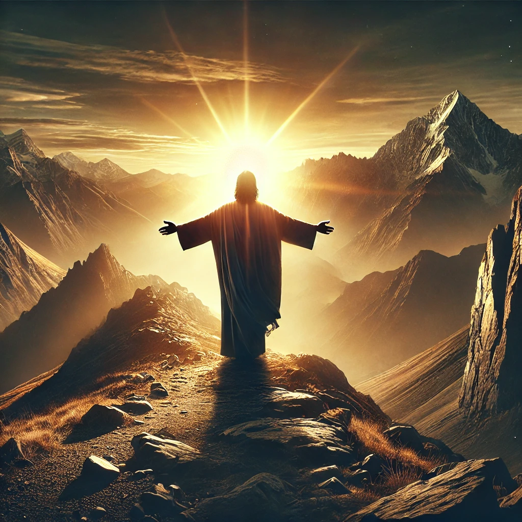 Powerful image of Jesus standing with open arms against a mountain backdrop at sunrise, symbolizing strength, leadership, and redemption.