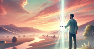 Man standing on a hilltop at dawn, reaching toward a beam of light symbolizing God’s guidance and support, inspired by Psalm 139:10.