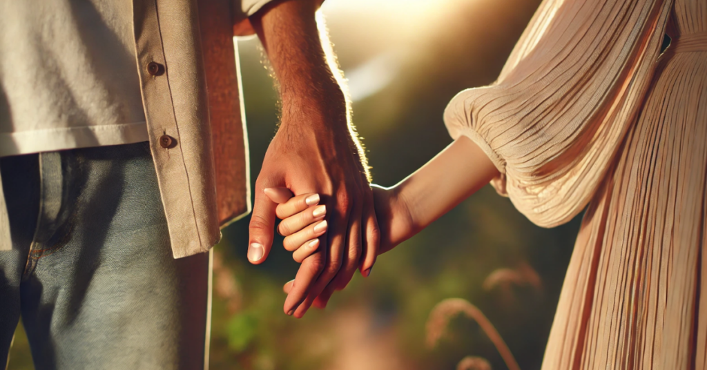 A close-up of a man and woman gently holding hands, with fingers interlocked, set against a softly blurred natural background.