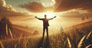 A person standing on a hilltop at sunrise with arms open in surrender, symbolizing dedication to God as described in Romans 12:1-2.