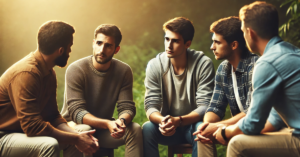 A small group of men sitting outdoors, engaged in a deep and meaningful discussion with serious but compassionate expressions.