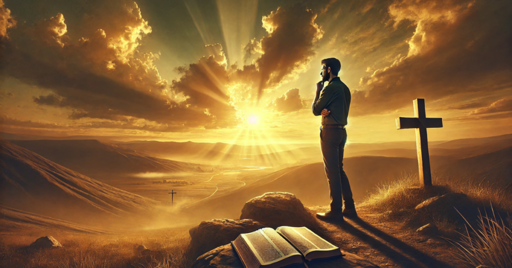 A man stands on a hill at sunset, gazing thoughtfully towards the horizon, with rays of light streaming through the clouds. A wooden cross and an open Bible rest on the ground beside him, symbolizing faith and contemplation.