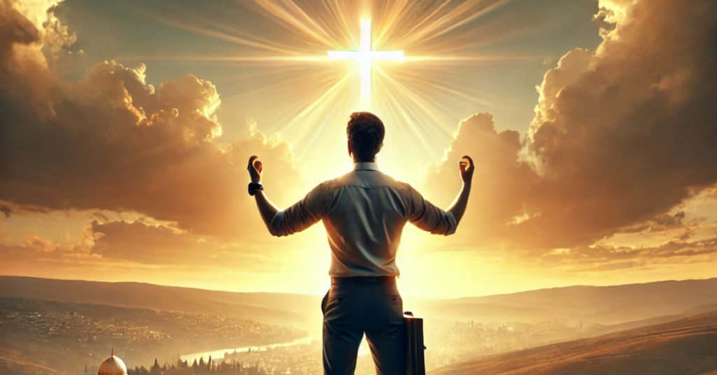 Man standing on a hilltop at sunrise with arms raised, symbolizing strength, prayer, and connection to a higher purpose. A cityscape is visible in the background, representing the spread of faith, with warm golden light illuminating the scene.