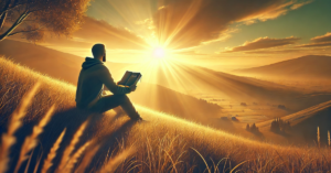 A person sits peacefully on a hilltop at sunrise with an open Bible, symbolizing trust and reflection on Psalm 118:8.