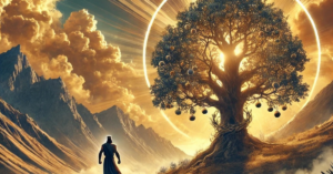 A lone figure stands before a glowing, mystical tree set against a dramatic mountainous landscape with golden clouds. The tree is illuminated by radiant sunlight, with glowing orbs hanging from its branches, symbolizing a scene of fantasy or spiritual awakening.