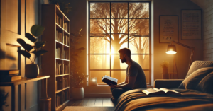 A man sitting by a window at dawn, holding an open Bible in his lap, deeply focused on meditation in a peaceful modern home setting. Warm light streams in, with a tree symbolizing spiritual growth visible outside.