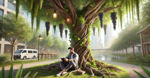 A man sits under a large, natural vine-covered tree in a park, holding a smartphone and Bible, with a city skyline in the background, blending modern life and faith.