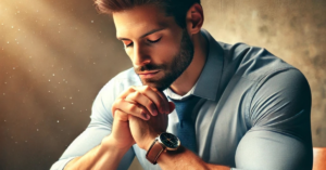 A man sits at his desk with an open Bible, reflecting on his day with a peaceful yet determined expression. Sunlight filters through a window in the background, symbolizing spiritual calm.