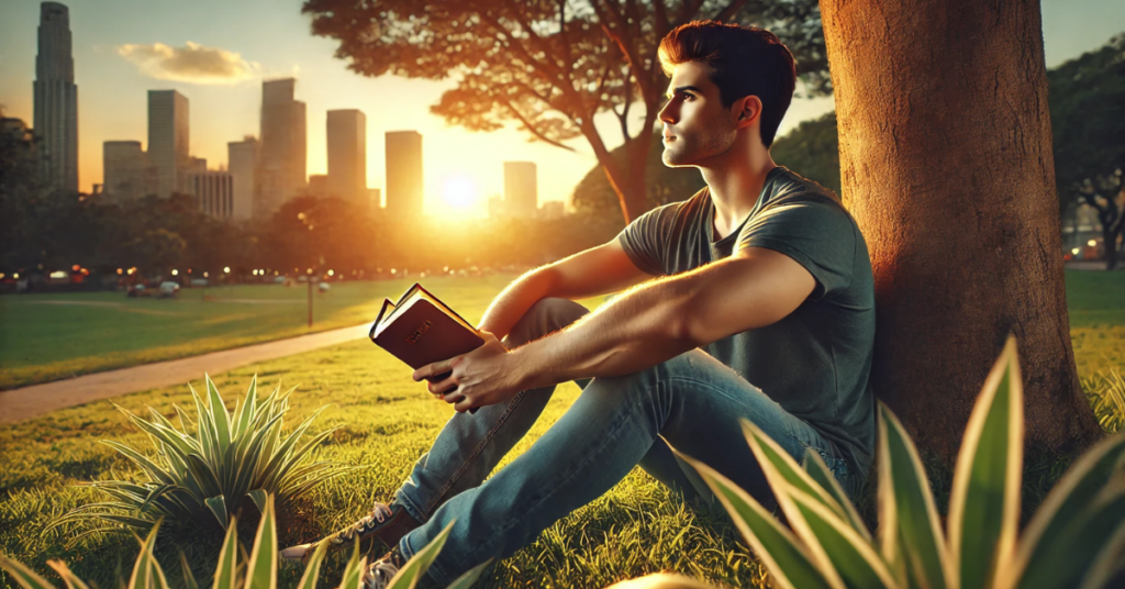 A man sitting in a park at sunset with an open Bible, reflecting and resting, with a city skyline in the background.