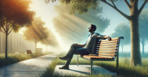 A man sits peacefully on a park bench in 2024, representing spiritual rest and relief, surrounded by soft sunlight and serene greenery.