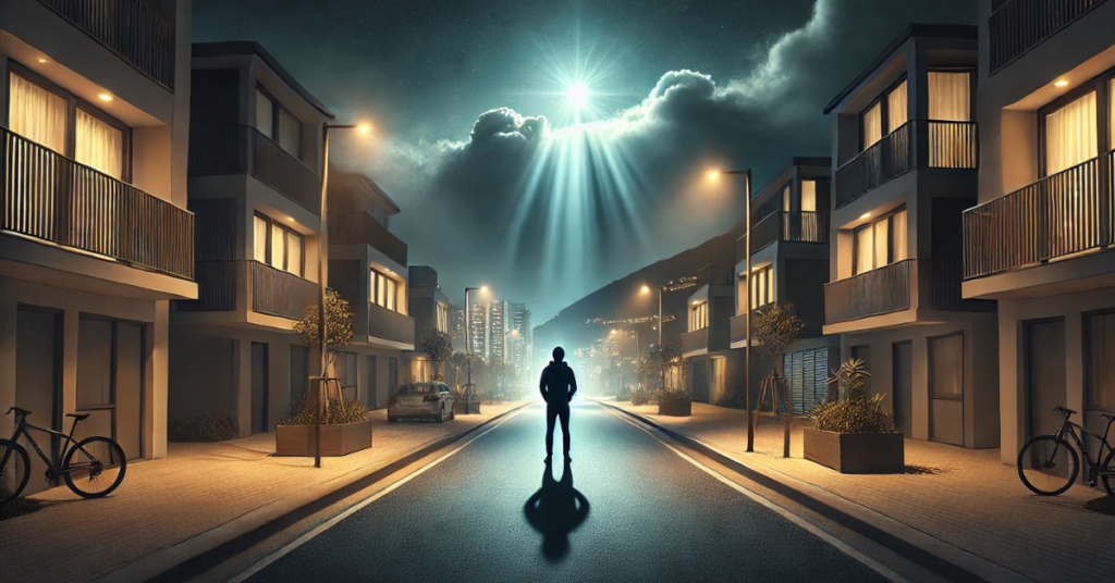 A lone man stands confidently on a quiet street in a small 21st century city at night. Modern buildings and street lamps softly illuminate the scene as the man looks upward towards a divine light breaking through the dark clouds, symbolizing reassurance.