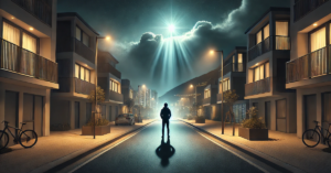 A lone man stands confidently on a quiet street in a small 21st century city at night. Modern buildings and street lamps softly illuminate the scene as the man looks upward towards a divine light breaking through the dark clouds, symbolizing reassurance.