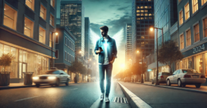 A man walking through a quiet city street at dusk, holding a smartphone with an ethereal light symbolizing the Holy Spirit guiding him.