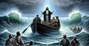 Jesus calming a stormy sea with disciples in a boat, surrounded by turbulent waves, dark clouds, and a break in the sky revealing light, symbolizing hope and faith during life’s challenges.