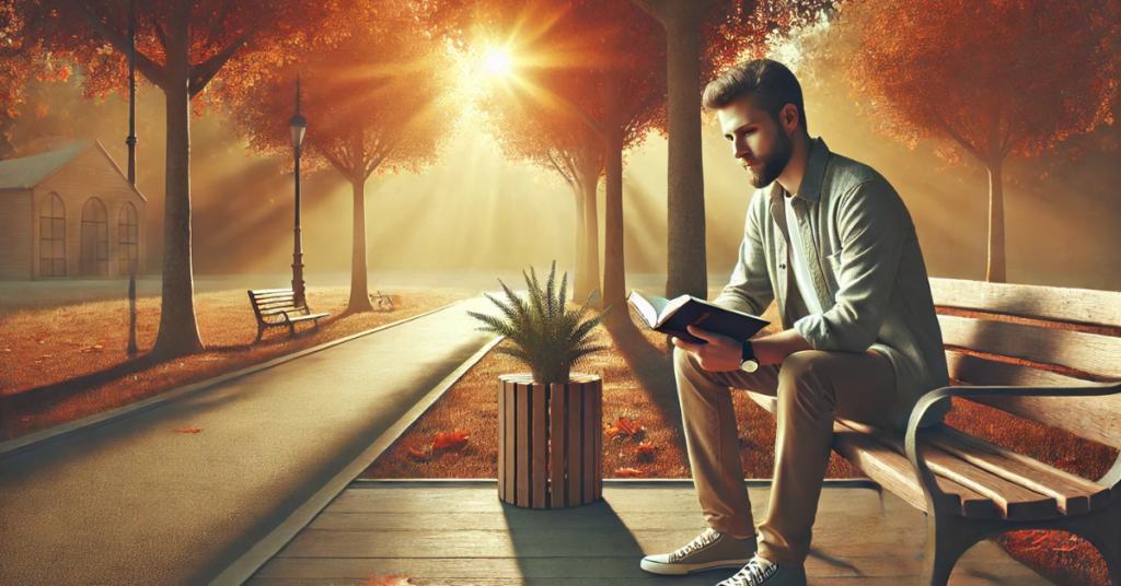 A man in his 30s sits on a park bench at sunrise, reading the Bible in a peaceful autumn setting, symbolizing hope and spiritual reflection.