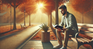 A man in his 30s sits on a park bench at sunrise, reading the Bible in a peaceful autumn setting, symbolizing hope and spiritual reflection.