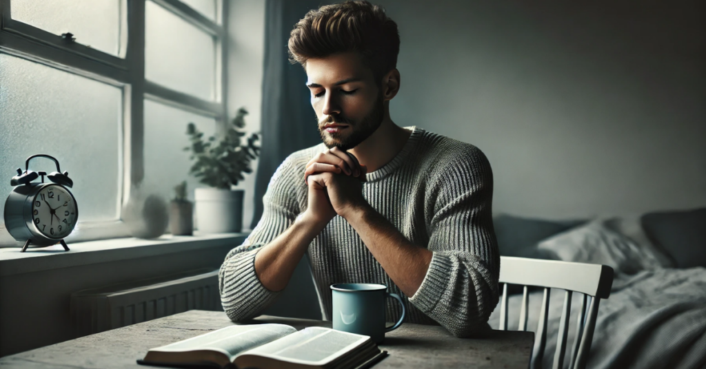 A man sitting at a table with an open Bible and a cup of coffee, eyes closed in peaceful meditation, with soft lighting and muted grey tones.