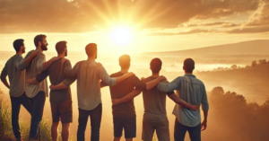 A group of men standing together on a hill at sunrise, united with arms over each other’s shoulders, looking toward the rising sun. The scene symbolizes unity, strength, and determination, set against a serene landscape with a distant mountain range.