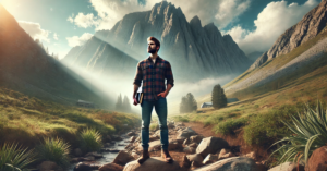 A modern man stands on a rocky path, looking up at a towering mountain under a clear sky, holding a Bible and embodying strength and faith.