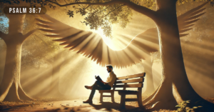 A modern man sitting on a park bench reading a Bible, surrounded by tall trees with sunlight filtering through, symbolizing God’s shelter.