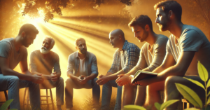 A group of men in a park during sunset, reflecting and conversing to symbolize healing and forgiveness.