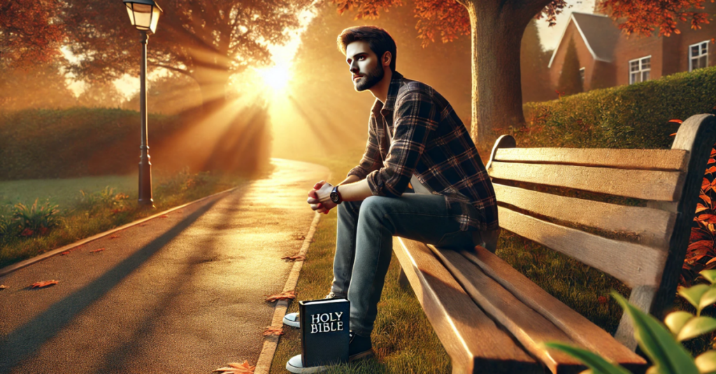 A man in casual clothing sits on a park bench at sunrise with a book labeled “Holy Bible” beside him, surrounded by autumn trees.