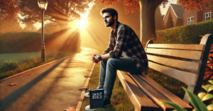 A man in casual clothing sits on a park bench at sunrise with a book labeled “Holy Bible” beside him, surrounded by autumn trees.