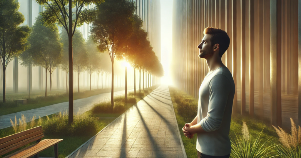 A man stands alone in a serene park at sunrise, reflecting with a calm expression as sunlight illuminates his face, symbolizing forgiveness and inner peace.