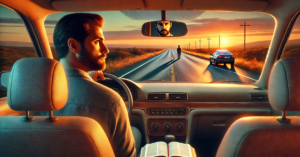 A man driving down a scenic highway at sunset, glancing in the rearview mirror with a thoughtful expression, an open Bible on the passenger seat.