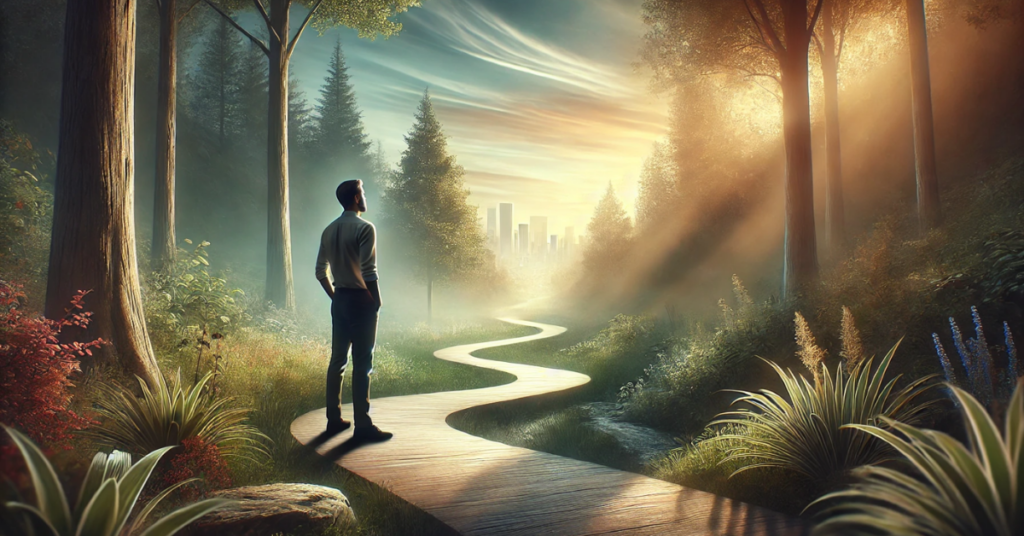 A modern man standing on a winding forest path under warm light, looking upward in contemplation, symbolizing trust in a divine plan.