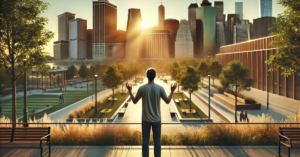 A man stands at a scenic overlook in a city park during golden hour, with arms raised slightly in a gesture of hope and prayer, bathed in warm sunlight.